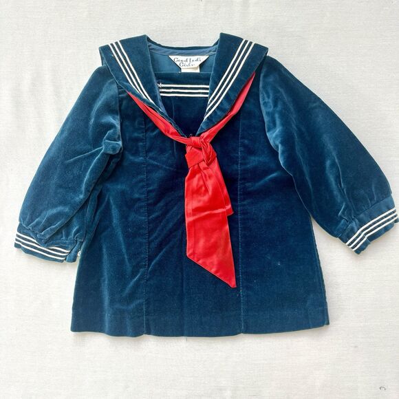 VTG Baby Toddler Navy Blue Velour Sailor Suit Dress One Piece 24 months